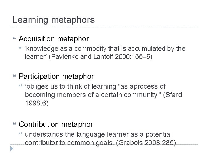 Learning metaphors Acquisition metaphor Participation metaphor ‘knowledge as a commodity that is accumulated by