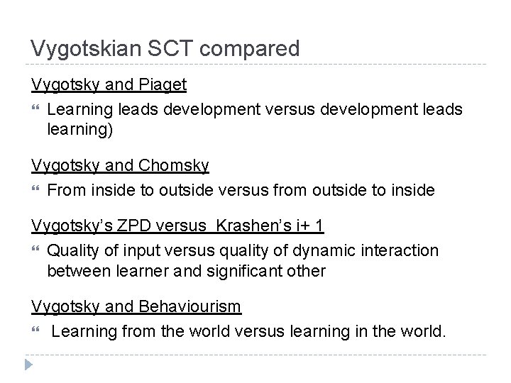 Vygotskian SCT compared Vygotsky and Piaget Learning leads development versus development leads learning) Vygotsky