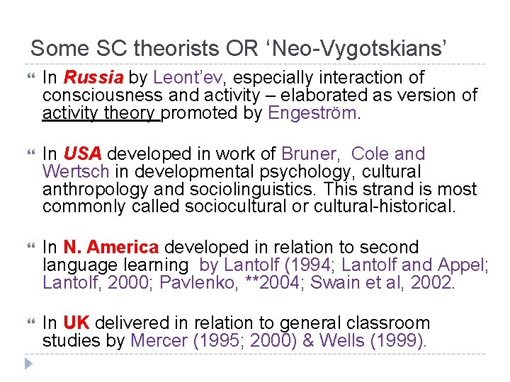 Some SC theorists OR ‘Neo-Vygotskians’ In Russia by Leont’ev, especially interaction of consciousness and