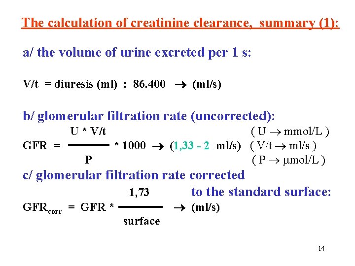 The calculation of creatinine clearance, summary (1): a/ the volume of urine excreted per