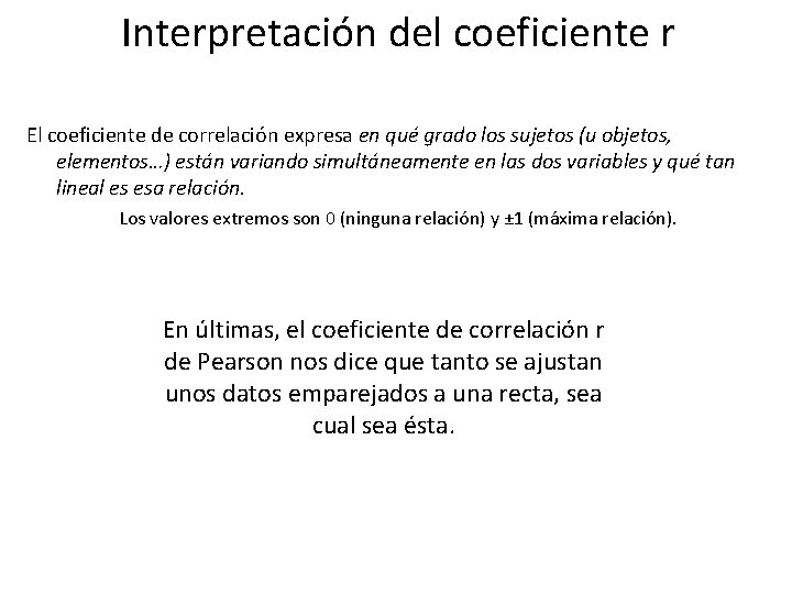 Interpretación del coeficiente r El coeficiente de correlación expresa en qué grado los sujetos