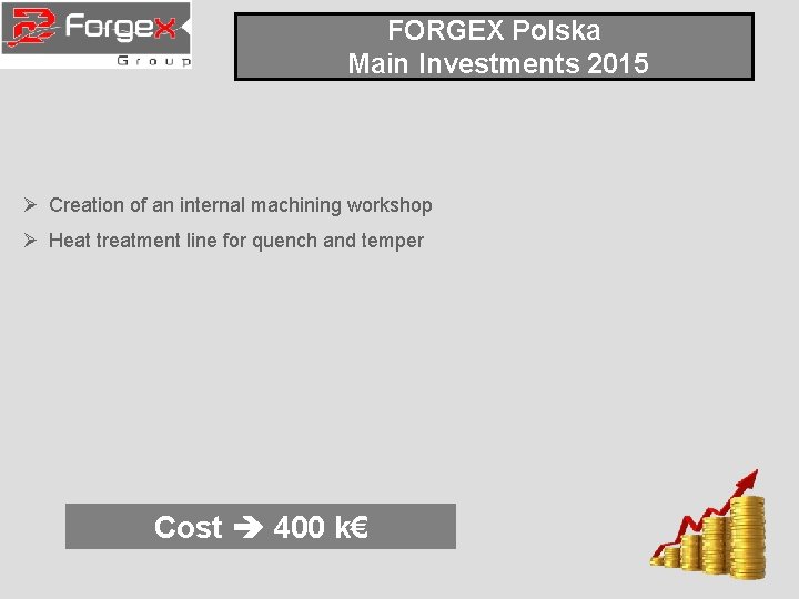 FORGEX Polska Main Investments 2015 Ø Creation of an internal machining workshop Ø Heat