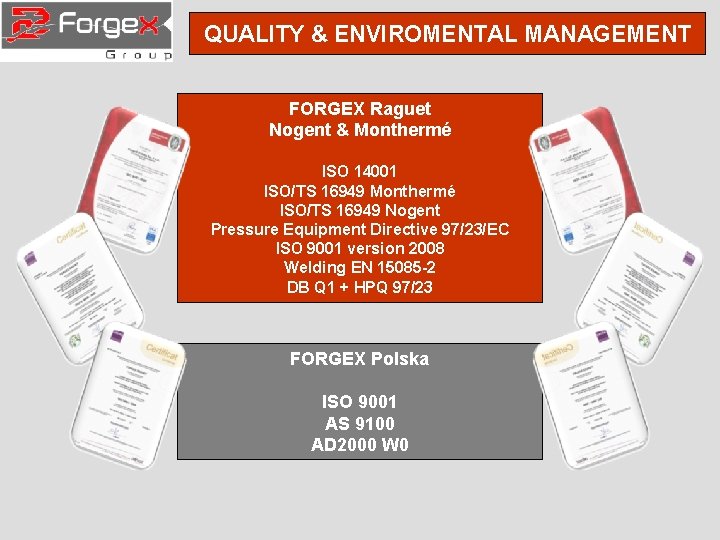 QUALITY & ENVIROMENTAL MANAGEMENT FORGEX Raguet Nogent & Monthermé ISO 14001 ISO/TS 16949 Monthermé