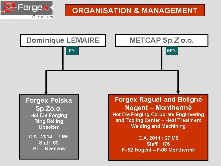 ORGANISATION & MANAGEMENT Dominique LEMAIRE 5% Forgex Polska Sp. Zo. o. METCAP Sp. Z