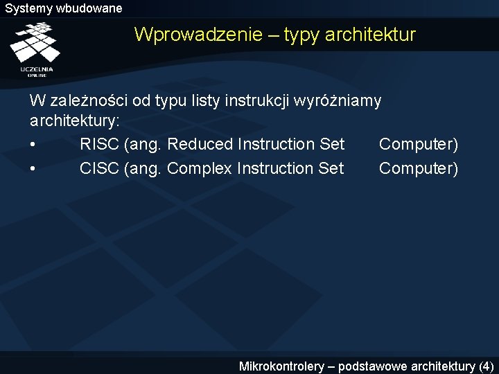 Systemy wbudowane Wprowadzenie – typy architektur W zależności od typu listy instrukcji wyróżniamy architektury: