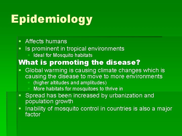 Epidemiology § Affects humans § Is prominent in tropical environments § Ideal for Mosquito