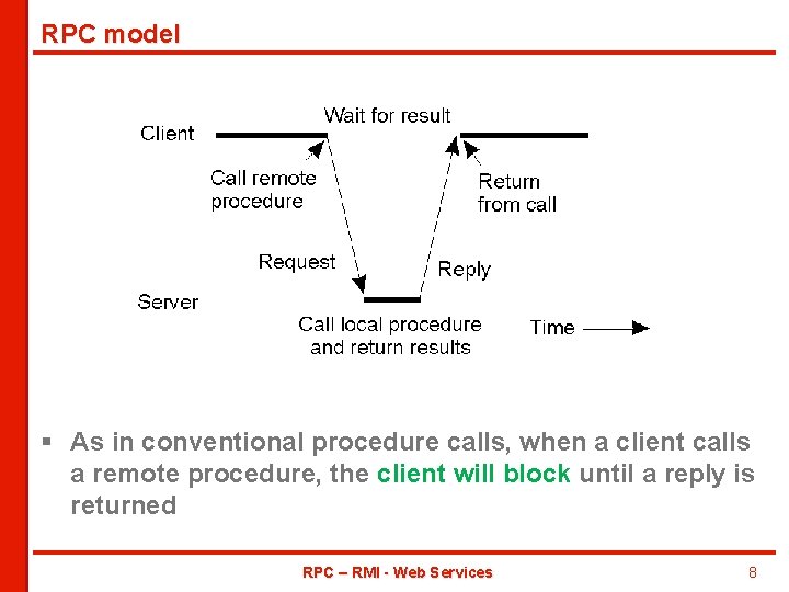 RPC model § As in conventional procedure calls, when a client calls a remote