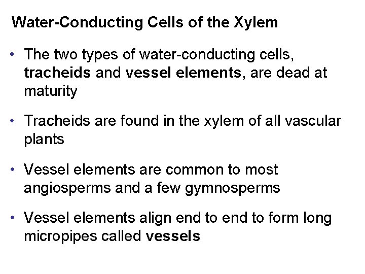 Water-Conducting Cells of the Xylem • The two types of water-conducting cells, tracheids and