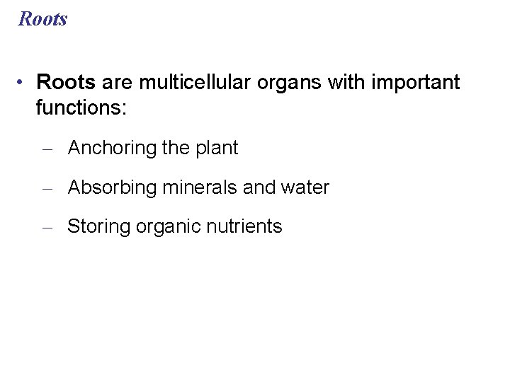 Roots • Roots are multicellular organs with important functions: – Anchoring the plant –
