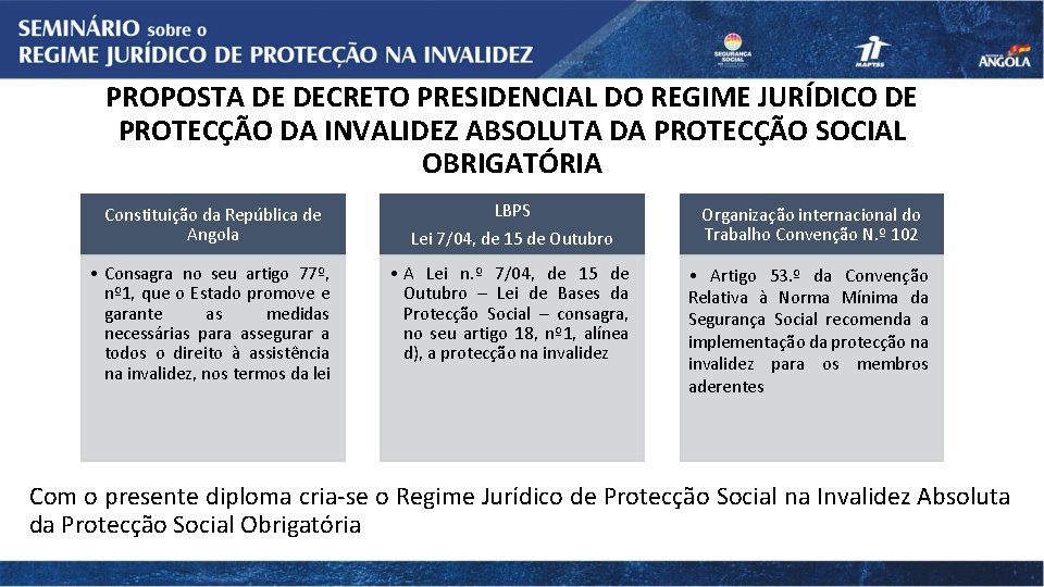 PROPOSTA DE DECRETO PRESIDENCIAL DO REGIME JURÍDICO DE PROTECÇÃO DA INVALIDEZ ABSOLUTA DA PROTECÇÃO