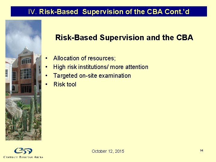 IV. Risk-Based Supervision of the CBA Cont. ’d Risk-Based Supervision and the CBA •