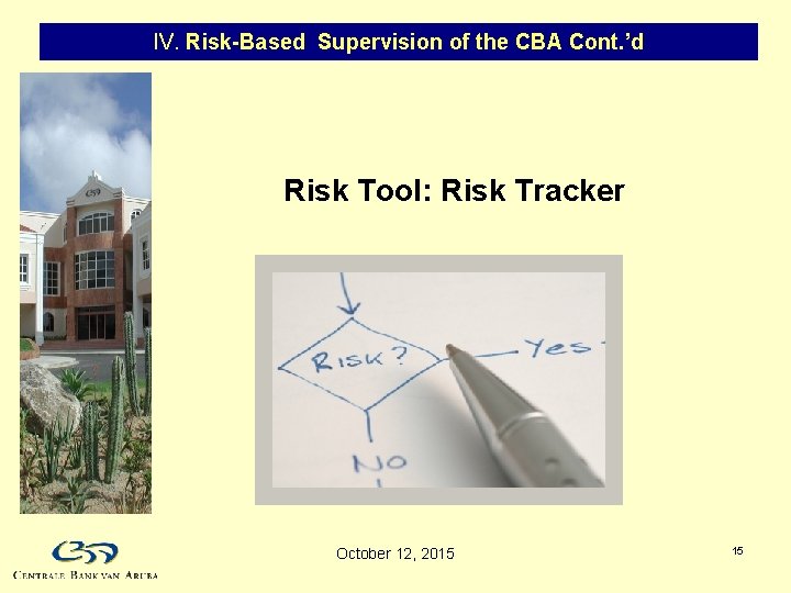 IV. Risk-Based Supervision of the CBA Cont. ’d Risk Tool: Risk Tracker October 12,