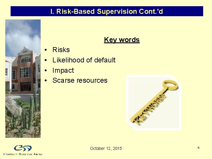 I. Risk-Based Supervision Cont. 'd Key words • • Risks Likelihood of default Impact