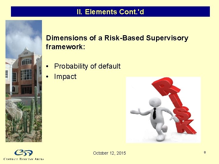 II. Elements Cont. 'd Dimensions of a Risk-Based Supervisory framework: • Probability of default