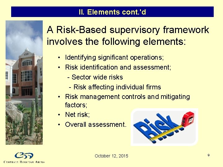 II. Elements cont. 'd A Risk-Based supervisory framework involves the following elements: • Identifying