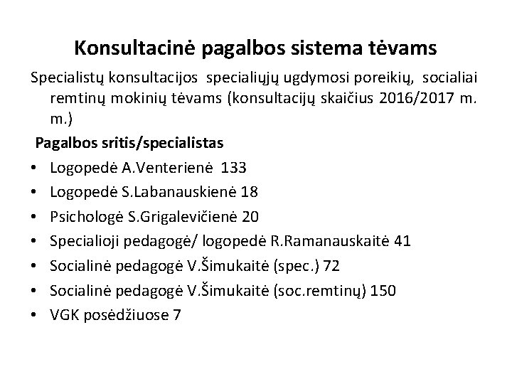 Konsultacinė pagalbos sistema tėvams Specialistų konsultacijos specialiųjų ugdymosi poreikių, socialiai remtinų mokinių tėvams (konsultacijų