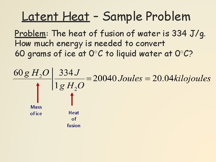 Latent Heat – Sample Problem: The heat of fusion of water is 334 J/g.