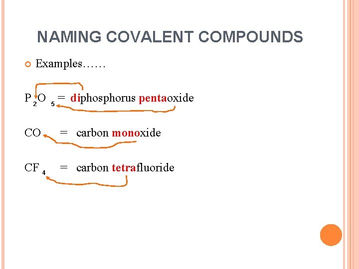 NAMING COVALENT COMPOUNDS Examples…… P 2 O 5 = diphosphorus pentaoxide CO = carbon