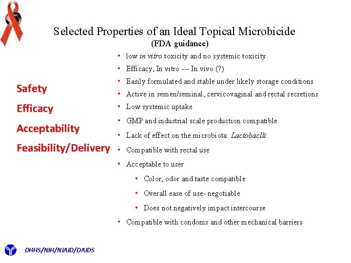 Selected Properties of an Ideal Topical Microbicide (FDA guidance) Safety Efficacy Acceptability Feasibility/Delivery •