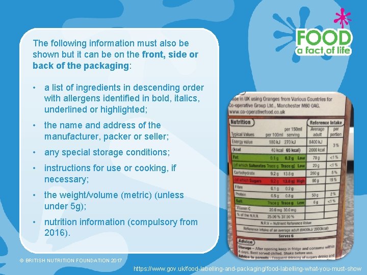 The following information must also be shown but it can be on the front,