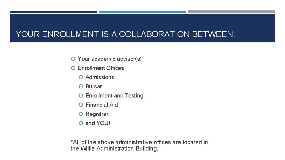 YOUR ENROLLMENT IS A COLLABORATION BETWEEN: Your academic advisor(s) Enrollment Offices Admissions Bursar Enrollment