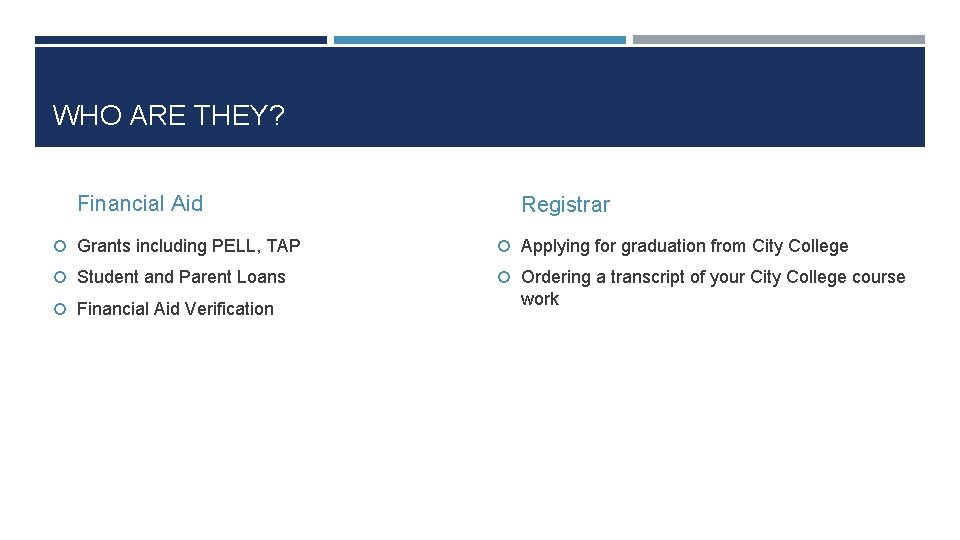 WHO ARE THEY? Financial Aid Registrar Grants including PELL, TAP Applying for graduation from