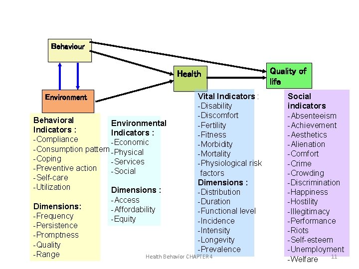 Behaviour Health Environment Behavioral Environmental Indicators : -Compliance -Economic -Consumption pattern -Physical -Coping -Services