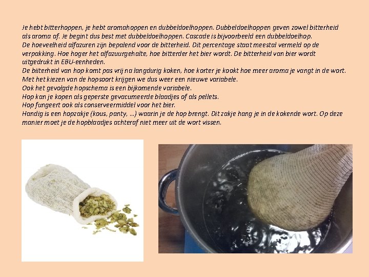 Je hebt bitterhoppen, je hebt aromahoppen en dubbeldoelhoppen. Dubbeldoelhoppen geven zowel bitterheid als aroma