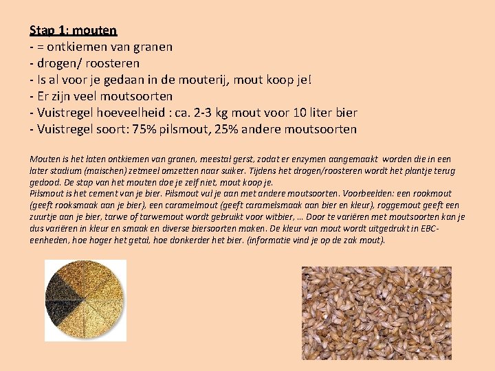 Stap 1: mouten - = ontkiemen van granen - drogen/ roosteren - Is al