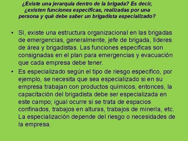¿Existe una jerarquía dentro de la brigada? Es decir, ¿existen funciones especificas, realizadas por