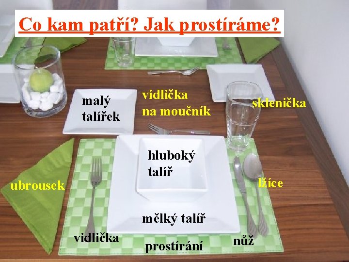 Co kam patří? Jak prostíráme? malý talířek vidlička na moučník sklenička hluboký talíř ubrousek