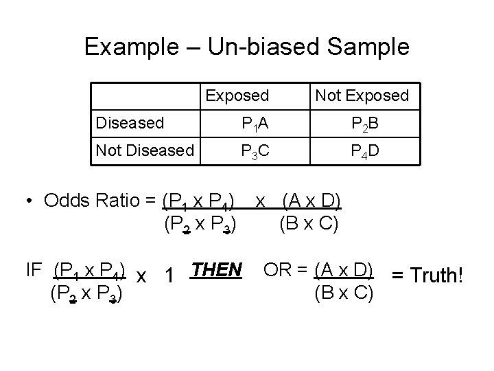 Example – Un-biased Sample Exposed Not Exposed Diseased P 1 A P 2 B