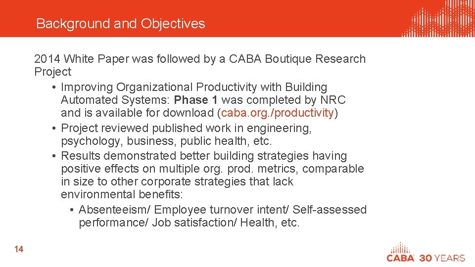 Background and Objectives 2014 White Paper was followed by a CABA Boutique Research Project