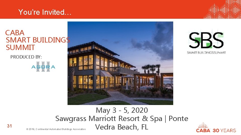 You’re Invited… CABA SMART BUILDINGS SUMMIT PRODUCED BY: 31 May 3 - 5, 2020