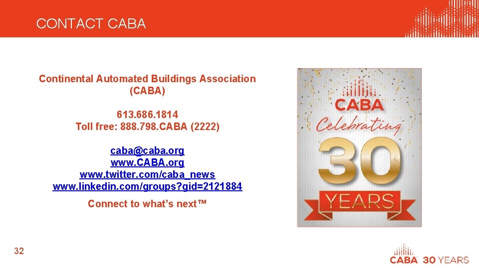 CONTACT CABA Continental Automated Buildings Association (CABA) 613. 686. 1814 Toll free: 888. 798.