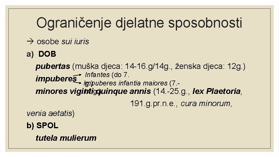 Ograničenje djelatne sposobnosti osobe sui iuris a) DOB pubertas (muška djeca: 14 -16. g/14