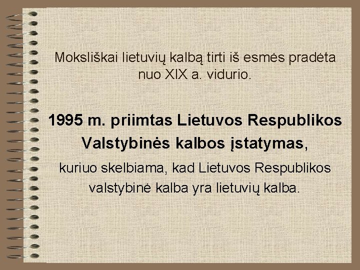 Moksliškai lietuvių kalbą tirti iš esmės pradėta nuo XIX a. vidurio. 1995 m. priimtas