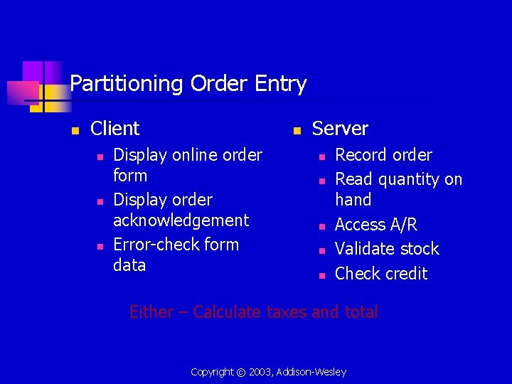 Partitioning Order Entry n Client n n Display online order form Display order acknowledgement