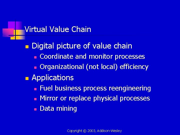 Virtual Value Chain n Digital picture of value chain n Coordinate and monitor processes