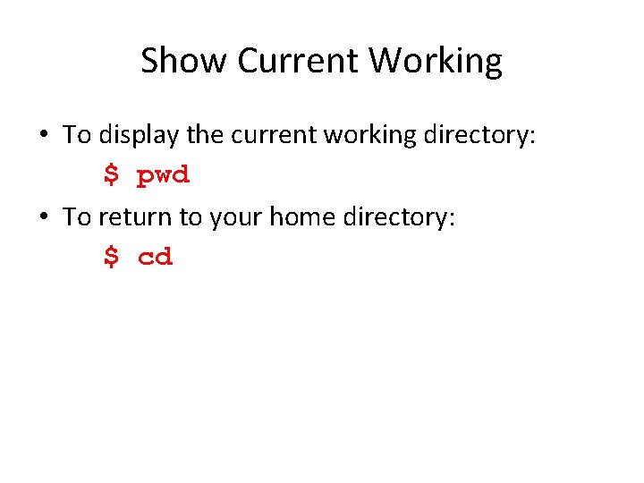 Show Current Working • To display the current working directory: $ pwd • To