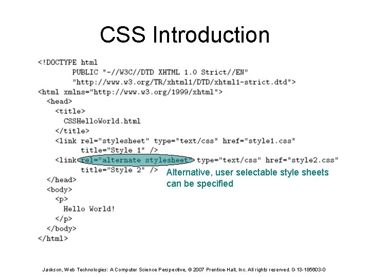 CSS Introduction Alternative, user selectable style sheets can be specified Jackson, Web Technologies: A