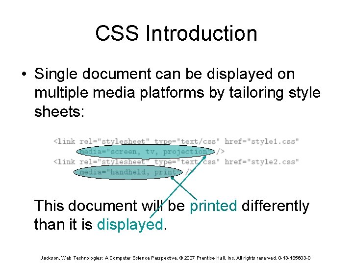 CSS Introduction • Single document can be displayed on multiple media platforms by tailoring