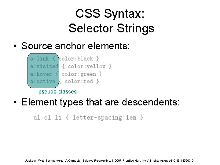 CSS Syntax: Selector Strings • Source anchor elements: pseudo-classes • Element types that are