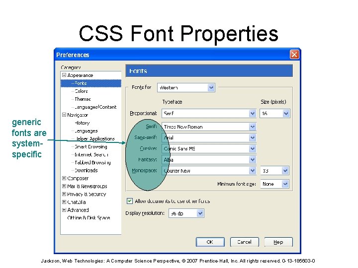 CSS Font Properties generic fonts are systemspecific Jackson, Web Technologies: A Computer Science Perspective,