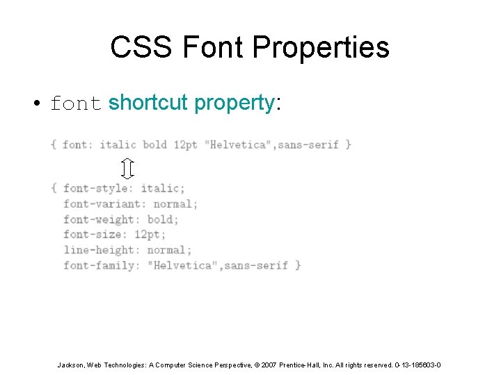 CSS Font Properties • font shortcut property: Jackson, Web Technologies: A Computer Science Perspective,