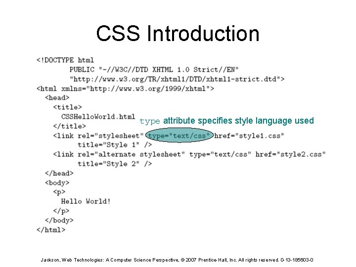 CSS Introduction type attribute specifies style language used Jackson, Web Technologies: A Computer Science