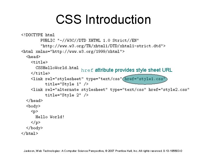 CSS Introduction href attribute provides style sheet URL Jackson, Web Technologies: A Computer Science