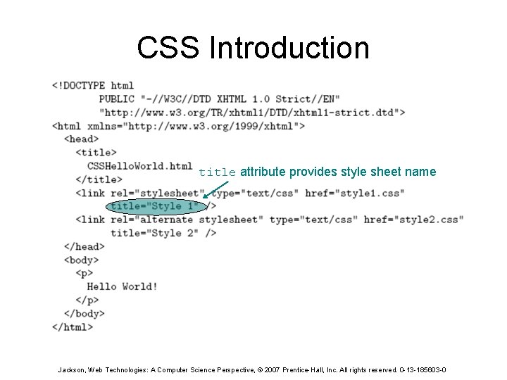 CSS Introduction title attribute provides style sheet name Jackson, Web Technologies: A Computer Science