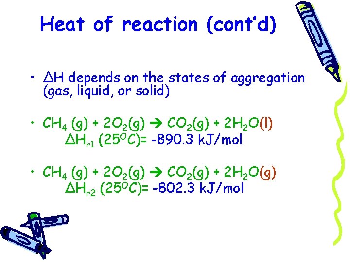 Heat of reaction (cont’d) • ΔH depends on the states of aggregation (gas, liquid,
