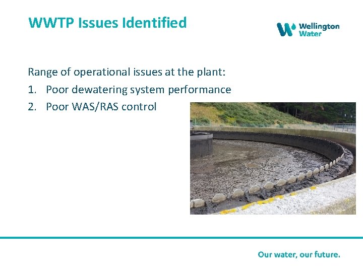 WWTP Issues Identified Range of operational issues at the plant: 1. Poor dewatering system